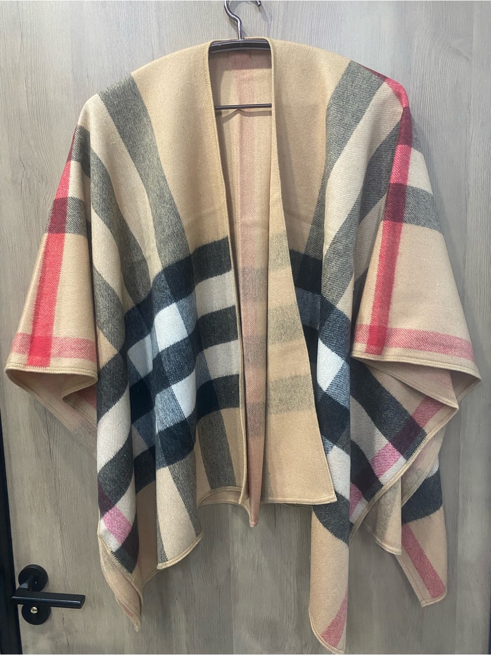 Burberry Camel Plaid Cape with Black, White and Pink Accents